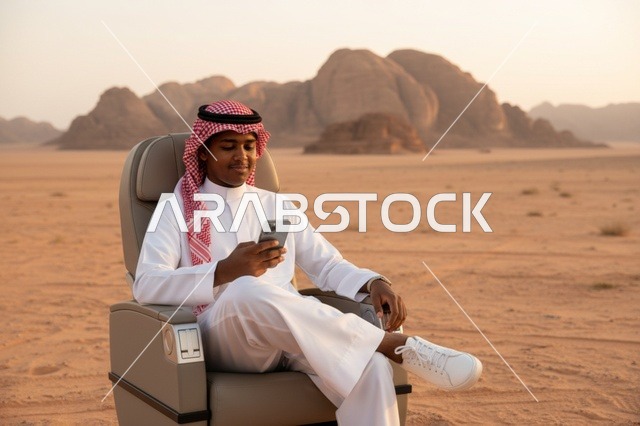 رجل سعودي عند صخرة الفيل في العلا بمقعد فاخر
