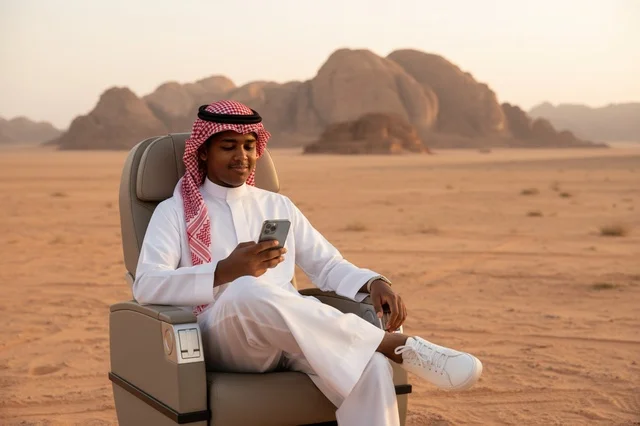 A Saudi man at the Elephant Rock in AlUla in a luxurious seat.
