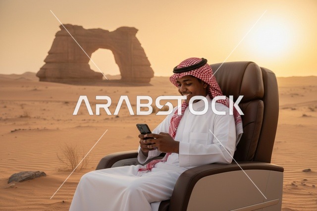 رجل سعودي عند صخرة الفيل في العلا بمقعد فاخر