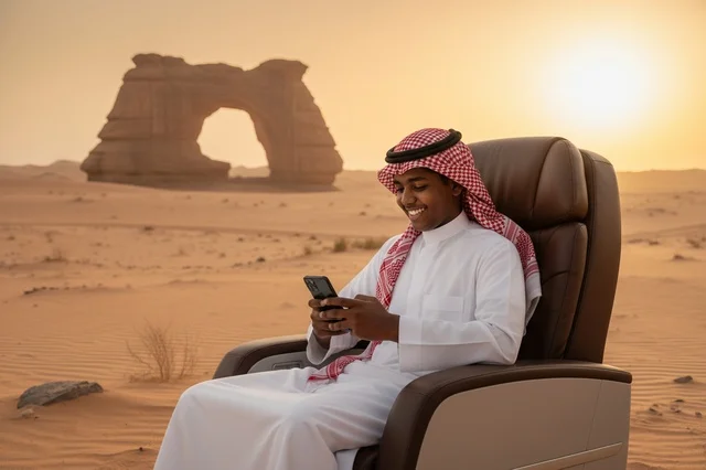 رجل سعودي عند صخرة الفيل في العلا بمقعد فاخر