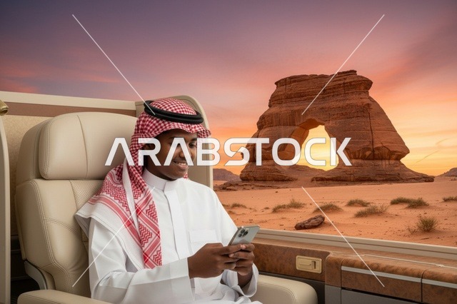 رجل سعودي عند صخرة الفيل في العلا بمقعد فاخر