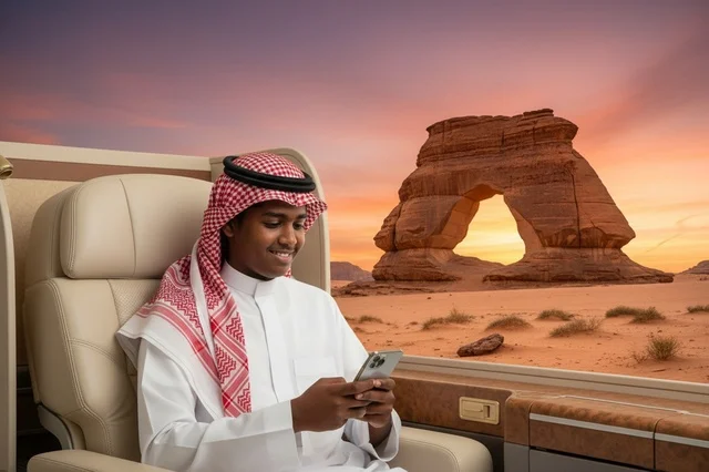 رجل سعودي عند صخرة الفيل في العلا بمقعد فاخر