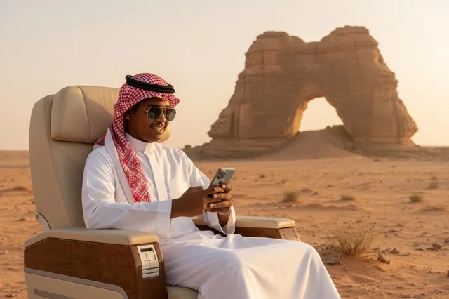 Saudi Man at Elephant Rock AlUla with Luxury Seat