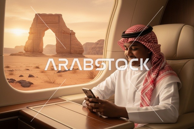 رجل سعودي عند صخرة الفيل في العلا بمقعد فاخر