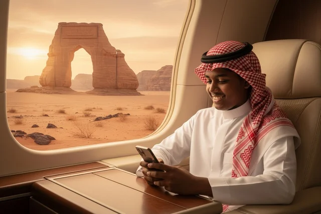 A Saudi man at the Elephant Rock in AlUla in a luxurious seat. A Saudi man at the Elephant Rock in AlUla in a luxurious seat.