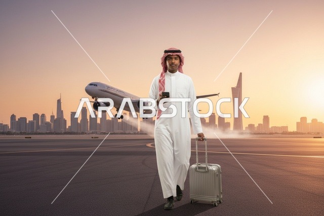 رجل كويتي في مدرج المطار وقت الغروب