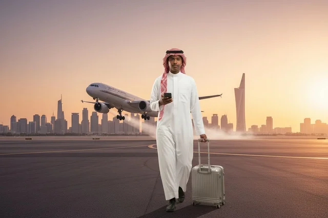 A Kuwaiti man on the airport runway at sunset.