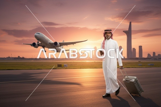 رجل كويتي في مدرج المطار وقت الغروب