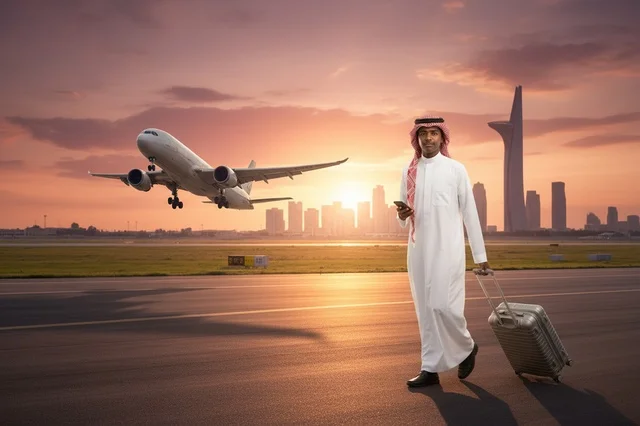 A Kuwaiti man on the airport runway at sunset.