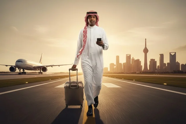 A Kuwaiti man on the airport runway at sunset.