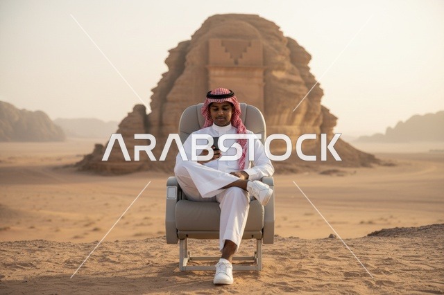 رجل سعودي عند صخرة الفيل في العلا بمقعد فاخر