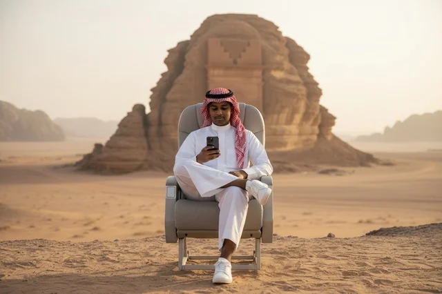 رجل سعودي عند صخرة الفيل في العلا بمقعد فاخر