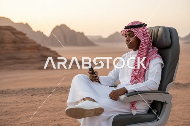 رجل سعودي عند صخرة الفيل في العلا بمقعد فاخر