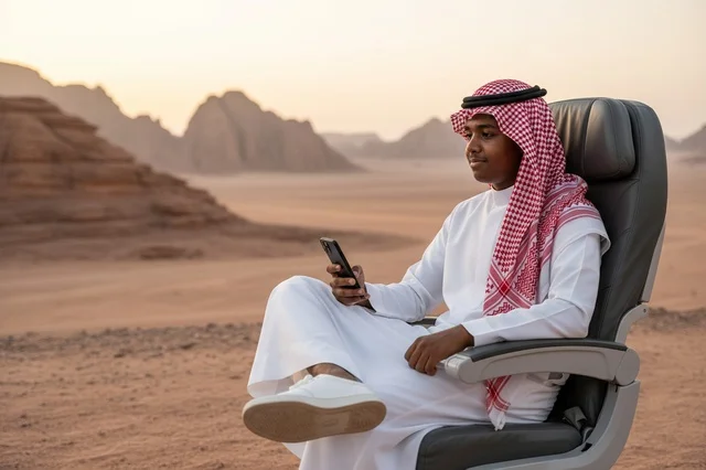 A Saudi man at the Elephant Rock in AlUla in a luxurious seat. A Saudi man at the Elephant Rock in AlUla in a luxurious seat.