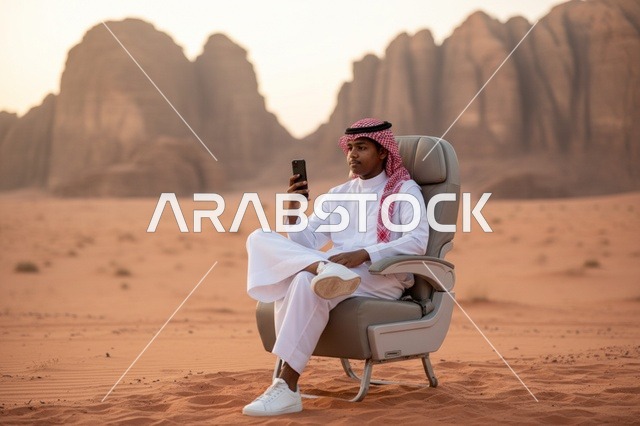 رجل سعودي بهاتف ذكي على كرسي فاخر في الصحراء