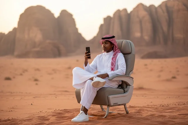 رجل سعودي بهاتف ذكي على كرسي فاخر في الصحراء