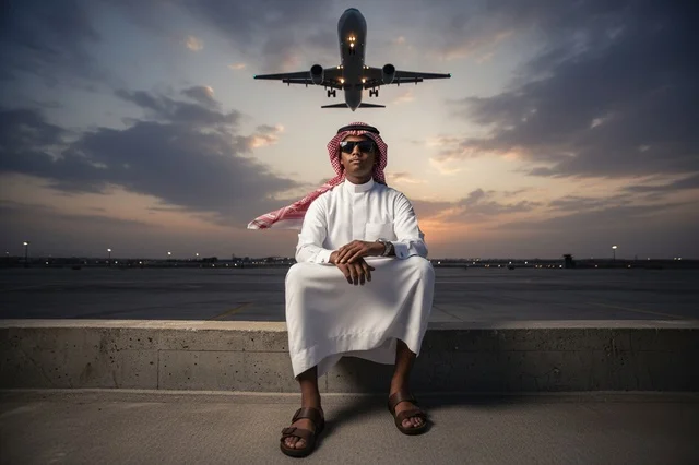 Saudi Man at Airport Runway with Airplane at Sunset