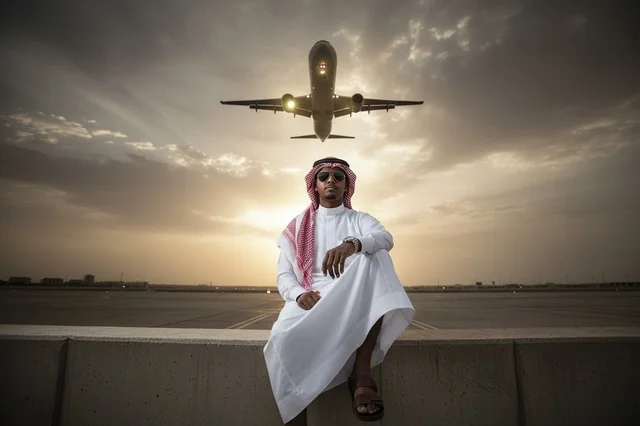 رجل سعودي بالزي التقليدي في المطار مع طائرة عند الغروب