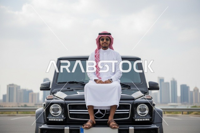 رجل سعودي فوق سيارة فاخرة مع أفق المدينة