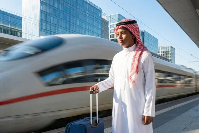 Saudi Man with Suitcase at Modern Train Station