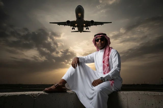رجل سعودي في المطار مع طائرة عند الغروب