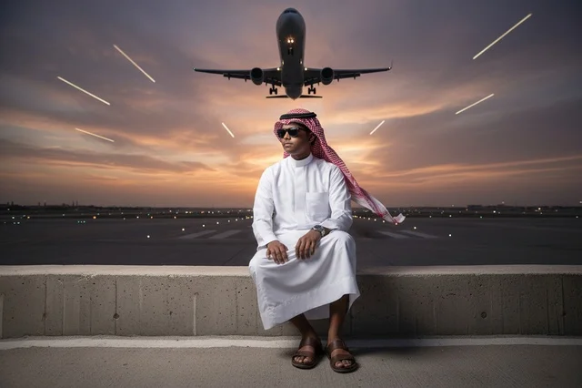 Saudi Man at Airport Runway with Airplane at Sunset