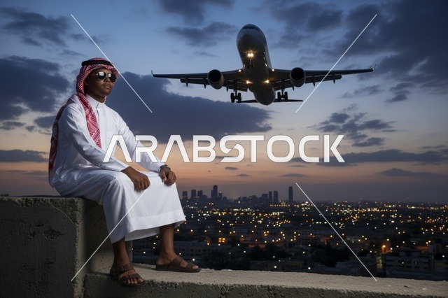 رجل سعودي مع طائرة فوق أفق المدينة ليلاً