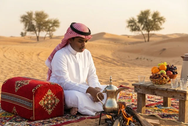 رجل سعودي عند موقد نار في الصحراء مع قهوة عربية