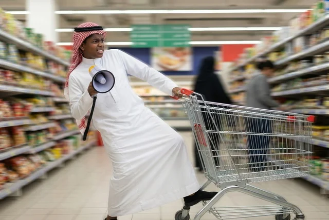 Saudi Man Shouting Through Megaphone in Supermarket