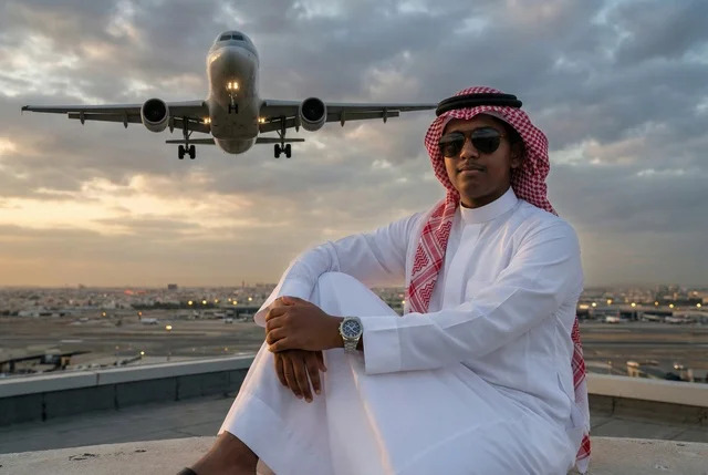 Saudi Man in Traditional Thobe with Airplane at Sunset