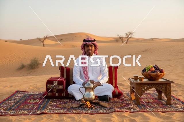 رجل سعودي مع قهوة عربية في الصحراء