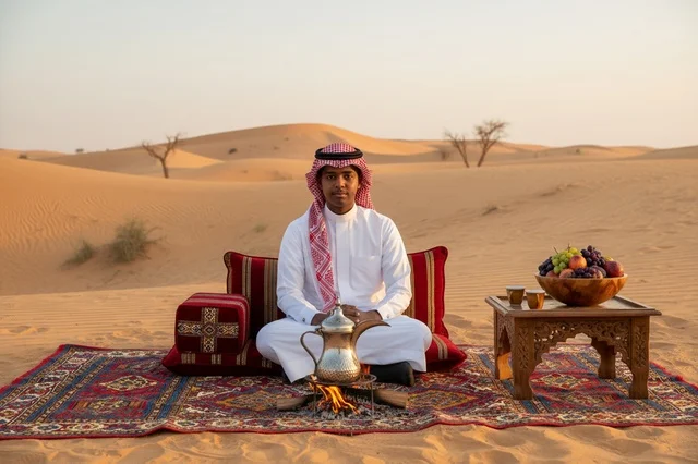 رجل سعودي مع قهوة عربية في الصحراء