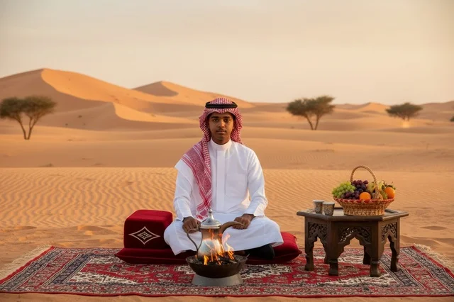 Saudi Man in Traditional Dress in Desert at Sunset
