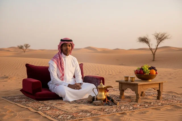 رجل سعودي باللباس التقليدي في الصحراء وقت الغروب