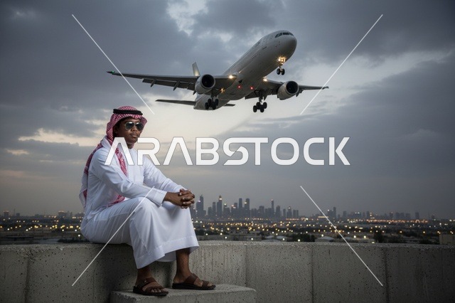 رجل سعودي مع طائرة وأفق المدينة وقت الغسق