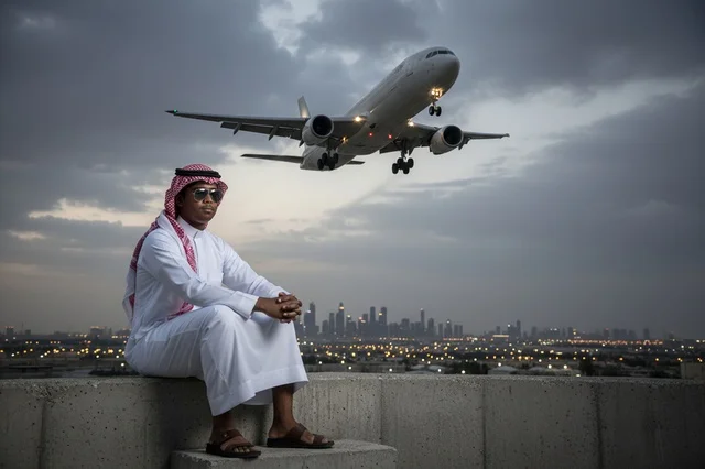 رجل سعودي مع طائرة وأفق المدينة وقت الغسق