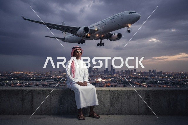 رجل سعودي مع طائرة فوق أفق المدينة وقت الغسق