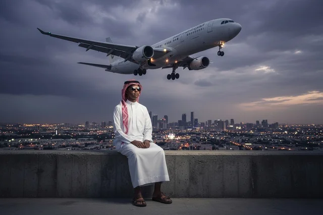 رجل سعودي مع طائرة فوق أفق المدينة وقت الغسق