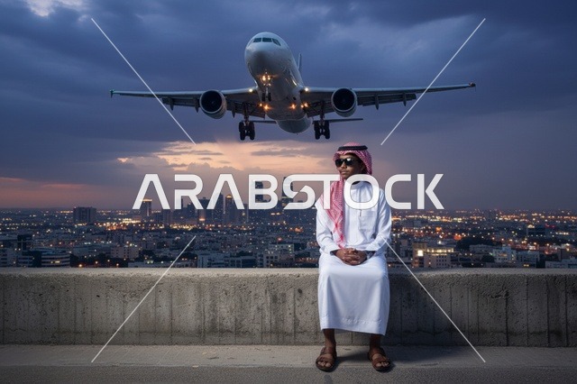 A Saudi man with an airplane above the city skyline at dusk.