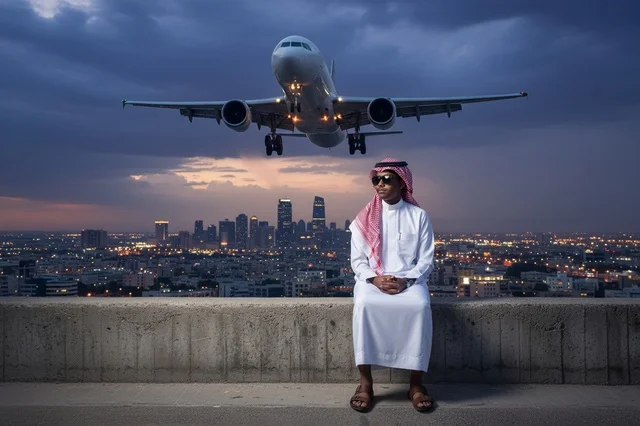 رجل سعودي مع طائرة فوق أفق المدينة وقت الغسق