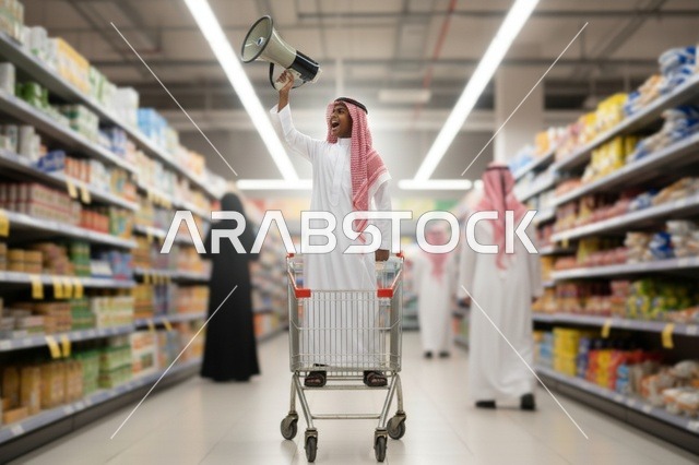 رجل سعودي يحمل مكبر صوت في عربة تسوق سوبر ماركت
