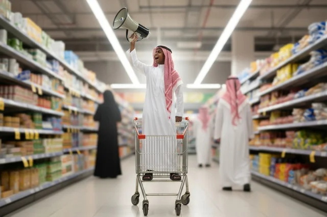 Saudi Man with Megaphone in Supermarket Shopping Cart