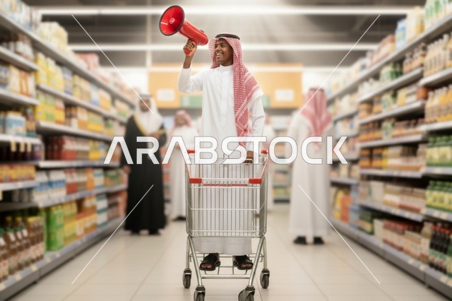 رجل سعودي يستخدم مكبر صوت في السوبر ماركت