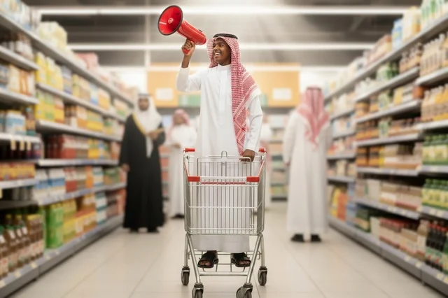 Saudi Man with Megaphone in Supermarket Aisle