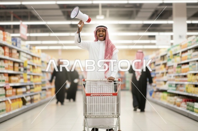 رجل سعودي بمكبر صوت في متجر سوبر ماركت
