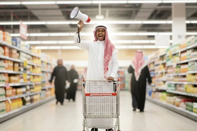 Saudi Man with Megaphone in Supermarket Setting
