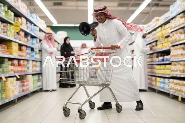 رجل سعودي بمكبر صوت وعربة تسوق في السوبر ماركت