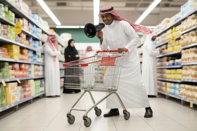 Saudi Man with Megaphone and Shopping Cart in Supermarket