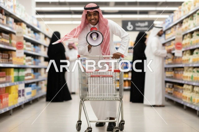 رجل سعودي يمسك مكبر صوت وعربة تسوق في السوبر ماركت