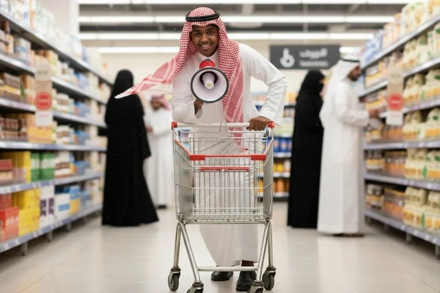 رجل سعودي يمسك مكبر صوت وعربة تسوق في السوبر ماركت